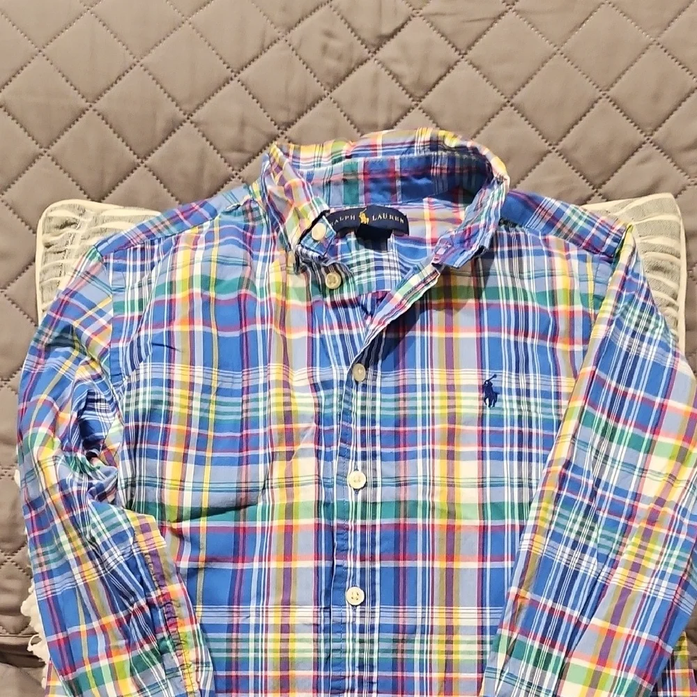 Ralph Lauren Boys Blue and Green Button Down Plaid Shirt